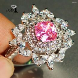 Cluster Rings YaYI Jewellery Fashion Princess Cut Prong Setting Pink Cubic Zirconia Silver Colour Engagement Wedding Party Leaves Gift