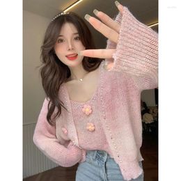 Women's Knits Women Autumn Solid V-Neck Pearl Decoration 3D Flower Single Breasted Knitted Cardigan Hanging Strap Tank Top Sweet Two Piece