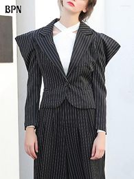 Women's Suits BPN Hit Color Striped Coat For Women Notched Long Sleeve Patchwork Single Button Casual Slimming Blazers Female Clothing
