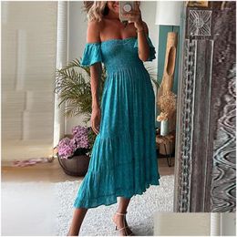 Basic Casual Dresses Holiday Boho Maxi Dress Women Off Shoder Backless Flare Sleeve Floral Print High Waist Party Ladies Swing Ves Dhpox