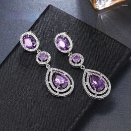 Stud Earrings Fashion Long Bridal Dangle Charm For Women Wedding Purple Water Drop Crystal Birthday Jewelry Party Gift