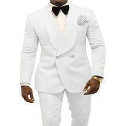 Newest Double-Breasted White Paisley Groom Tuxedos Shawl Lapel Men Suits 2 pieces Wedding Prom Dinner Blazer Jacket Pants Tie W7293o