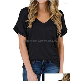 Women'S T-Shirt Womens T Shirts For Women Tops Summer V-Neck Pocket Curled Loose Leopard Print Solid Color All-Match Urban Street Ho Dheyy