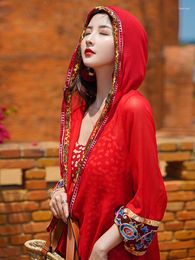 Ethnic Clothing Style Hooded Sun-Proof Top Women's Shawl Red Cloak Robe Long Cardigan Summer