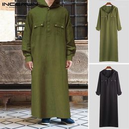 INCERUN Fashion Islamic Muslim Kaftan Solid Hooded Long Sleeve Robes Abaya Saudi Arabia Middle East Men Clothing Jubba Thobe 5XL1329Q