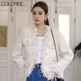 Women's Jackets Korean Fashion Beige Tweed Jackets Women Elegant Tassel Blend Wool Coat Female Autumn Single Breasted Outwear Office Lady 230919