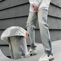 Men's Jeans High Street Torn Yellow Mud Dyed American Fashion Brand Loose Fitting Straight Denim Vintage Washed Pants