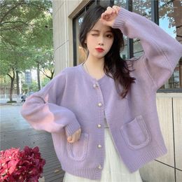 Women's Knits 2023 Korean Style Candy Colour Cardigan Women Pocket Single-breasted Autumn Winter Knitwear V-neck Cute And Sweet Jacket