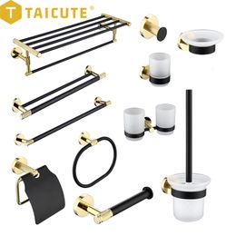 Bath Accessory Set TAICUTE E Bathroom Accessories Hardware Sets Wall Mount Towel Rack Shelf Bar Ring Toilet Paper Brush Holder Stainless Steel Hook 230919