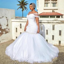 2020 New Sexy Plus Size Mermaid Wedding Dresses African One Shoulder Ruched Beaded Sexy Open Back With Button Sweep Train Bridal G190W