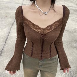 Women's T Shirts Y2K Brown Lace Trim Patchwork Top Fairy Grunge Square V-neck Long Sleeve T-shirts Fall Chic Elegant Texture Tops Women