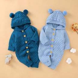 Rompers Autumn Baby Girls Knitted Hooded Clothes Cotton Spring Infant Kids 3D Ear Romper Long Sleeve Bodysuits Sunsuits Outfits 0-24M 230919