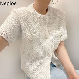 Women's Knits Tees s Neploe Korean Cardigan Women Clothing Short Sleeve Single Breasted Sweater O Neck Knit Black Tops 2023 Fashion White Coat Femme 230918