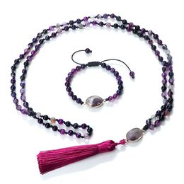 Wedding Jewelry Sets 108 Mala Rosary Necklace Set 6mm Natural Purple Agates Stone Prayer Healing Beads Bracelet for Women Tassel Knotted Long Jewelry 230818