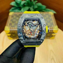 Luxury Richarmilles watch Fully Mechanical Bucket Carbon Hollow Fibre Shaped Dragon Automatic Tiger Wine Out Glow Tape Big Personality New