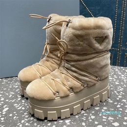 Sheepskin Ankle Boots Slip-On Chunky bottom Bootie Round toe Lace up Snow boot women's outdoor shoes Flat bottomed factory footwear