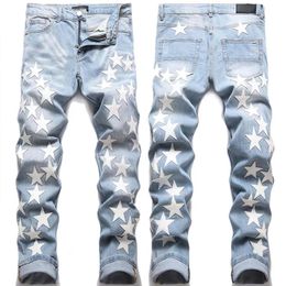 Men s Jeans For Men Pu Leather Stars Hip Hop Appliques Trousers Pencil Pants Style Fashion Slim Fit High Street Denim Male 230919