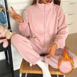 Women's Sleepwear Flannel Pyjamas Set Women Winter Warm Pyjamas Long Sleeve Trousers Zipper Sweet Elegant Thicker Pijama