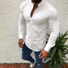 Men Shirt Long Sleeve V Neck Button Up Linen Shirts Male Casual Slim Fit Business Formal Mens Dress Social Chemise Men's2755