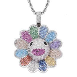 Necklace Men's Hip Hop Sunflower with Zircon Tidal Brand Personalized Colorful Flower Rotable Pendant