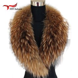 Scarves Natural Color Raccoon Real Fur Collar Scarf Genuine Big Size Warp Shawl Neck Warmer Stole Muffler with Clip Loops 6 230919