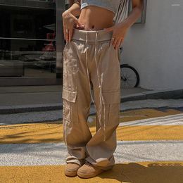 Women's Pants Y2K Female Khaki Drawstring Korean Casual Pockets Cargo Trousers Baggy Sweatpants Wide Leg High Waist Streetwear Trouser