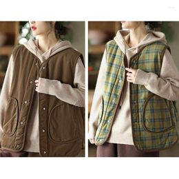 Women's Vests Two Sides Wearing Women Cotton Short Vintage Spliced Plaid Fashion Loose Warm Jacket Winter Female Thicken Sleeveless Coat