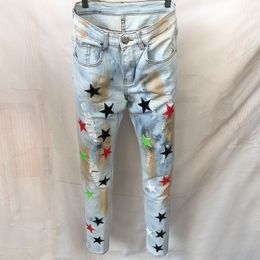Men s Jeans Fall Multicoloured Leather Star Patchwork Ripped Hole Design Stretchy Jean Hip Hop Style Trouser For Men Panel Males 230919