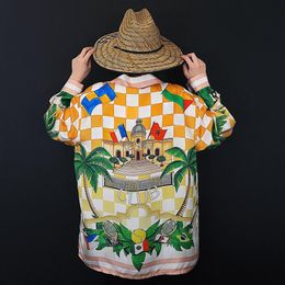 Men's casual shirt Autumn Coconut tree printing silk fabric long sleeve loose version of Europe and the United States trend shirt high-quality men's clothing