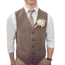 Country Brown Groom Vests For Wedding Wool Herringbone Tweed Custom Made Slim Fit Mens Suit Vest Farm Prom Dress Waistcoat Plus Si263e