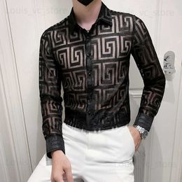 Men's Casual Shirts 2022 Autumn New Sexy Transparent Lace Shirt Men Clothing Simple All Match Slim Fit Long Sleeve Club/Prom Tuxedo Chemise Homme T230919