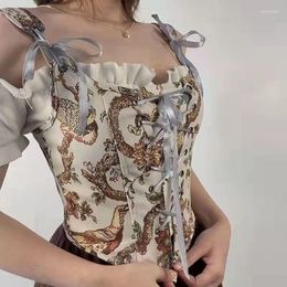 Women's Tanks French Vintage Floral Bustiers Crop Women Backless Sexy Boho Beach Party Vest Tops Female Korean Fashion Lace-up Corset Top