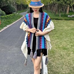 Shawls Boho Women Cape Korean Tassel Knitted Shawl Fashion Stripe Ruffled Cardigan Female Spring Autumn Casual Warm Coat 230818