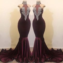 Evening Dresses Prom Party Gown Formal Mermaid Trumpet Elastic Satin Applique Custom Zipper Lace Up New Plus Size High Neck Sleeveless