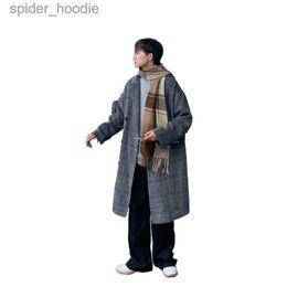 Men's Wool Blends 2023 Autumn Men's Slim Fit Chequered Fabric Windbreaker Youth Korean Striped Medium Length Woollen Coat Winter Coat L230919