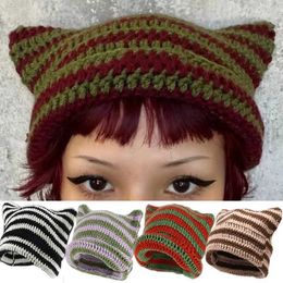 Y2k Streetwear Harajuku Beanie Little Devil Striped Knitted Hat Women Autumn Winter Bonnet Cute Cat Ears Cap 230920