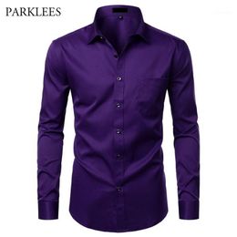 Men's Casual Shirts Purple Men Bamboo Fibre Dress Shirt Comfortable Soft Mens Long Sleeve Easy Care Work Business Formal For 2767