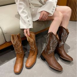 Boots Women Autumn Cowboy Ladies 2023 New Embroidery Chunky Heel Mid Calf Woman Slip on Pointed Toe Western Booties 230922