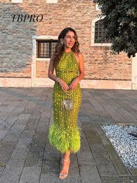 Basic Casual Dresses Solid Sequin Feather Midi Dress For Women Fashion Sleeveless Patchwork Halter Female Summer Party Chic Elegant Robes 230919