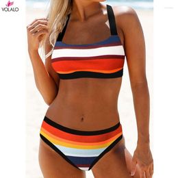 Women's Swimwear VOLALO Women Colourful Stripe Print Back String Bikini Backless Bathing Suits Striped Swimsuit