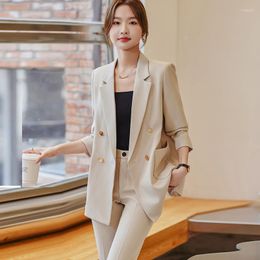 Women's Two Piece Pants High Suit Set Spring Autumn Fashionable Solid Color Long Sleeved Collar Beige White Professional Jacket