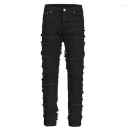 Men's Jeans Men Black Washed Distressed Edge Patchwork Straight Denim Pants Streetwear Hip Hop Loose Trousers