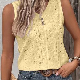 Women's Blouses Summer Casual V-neck Button Tank Top Elegant Yellow Sleeveless Jacquard Loose T-shirt Shirts For Women