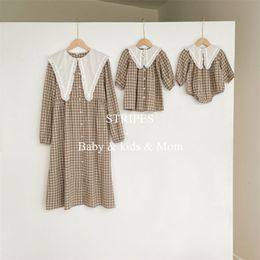 Family Matching Outfits Family Matching Clothes Spring Summer Shirt Plaid Mother Daughter Longsleeved Soft Cotton Dress Women Dress Girl Birthday Dress 230918