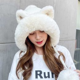 Winter Hats for Women Beanie Cute Cat Ear Knitted Bonnet Femme Thick Velvet Keep Warm Cap with Pompom Gorro New 230920