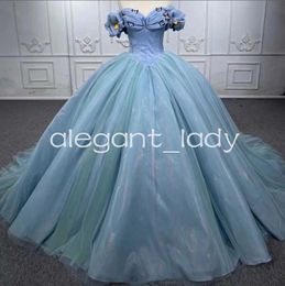 Cinderella Sky Blue Quinceanera Dresses 3D Butterfly Off Shoulder Lace-up Corset vestido de debutante para 15 anos princesa