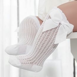 Детские носки, летние милые носки для маленьких девочек с большими бантами, мягкие хлопковые эластичные однотонные сетчатые носки до колена для малышей, 230919