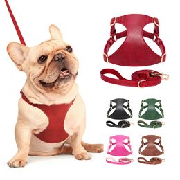 Dog Collars Leashes Soft Leather Harness Leash Set Small Medium Dogs Cats Vest For Chihuahua French Bulldog Outdoor Walking Training 230919