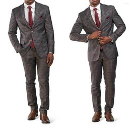 Men's Suits Brown Tailored 2 Pieces Blazer Pants Single Breasted Peaked Lapel Plaid Stripes Wedding Groom Plus Size