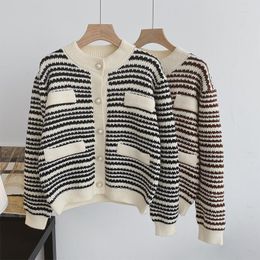 Women's Sweaters Korean Stripe Short Sweater Cardigan Jacket Women Elegant Imitation Mink Fleece Knitwear Tops Vintage O-Neck Knitted Coats